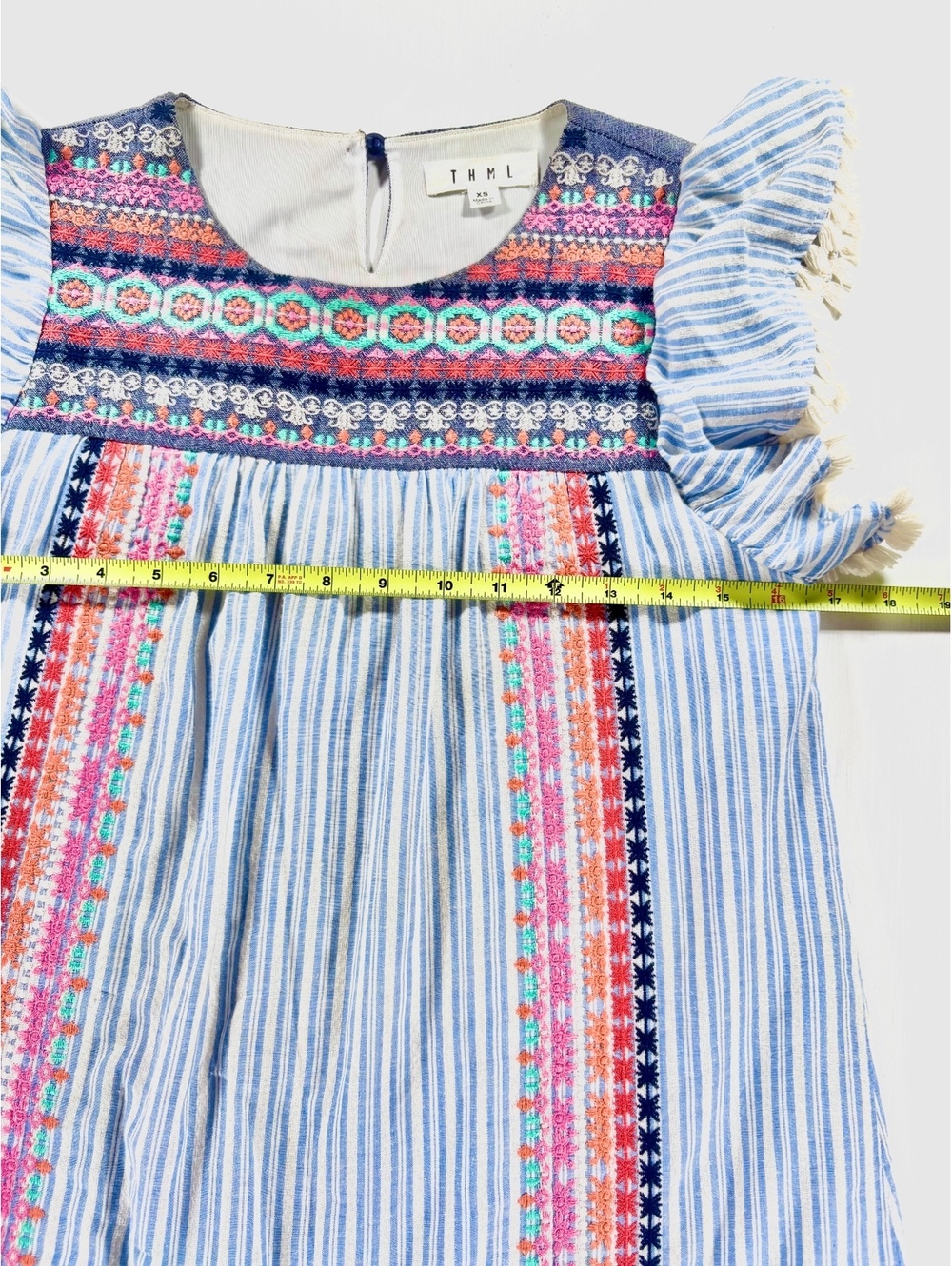 THML Blue White Striped Embroidered Boho Mini Dress Size XS - Picture 3 of 8